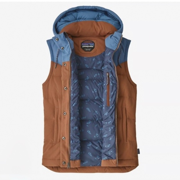 Patagonia Bivy Hooded Puffer Vest/Brown & Blue/ Snap and Zip Front/600 fill Down - Picture 7 of 7